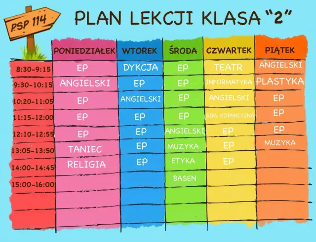 Plan lekcji klasy 2. W piątek jest plastyka, a potem angielski.