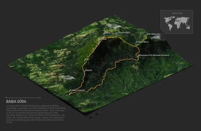 Trójwymiarowa mapa szlaku turystycznego na Babiej Górze, gdzie jest ten piękny masyw górski.