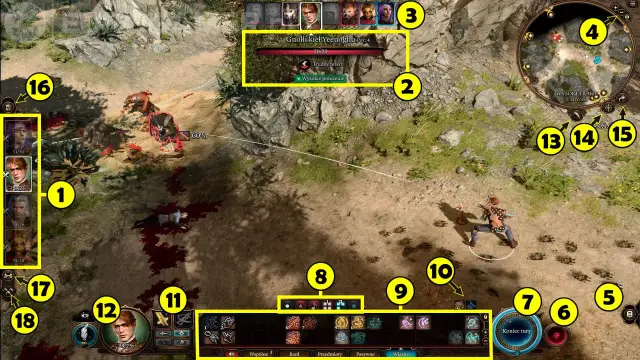 Bitwa w Baldur's Gate: drużyna walczy z gnollami. Widać interfejs gry, postacie i minimapę.