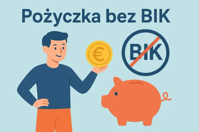 Szybka pożyczka bez sprawdzania zdolności kredytowej. Mężczyzna trzyma monetę euro, obok jest skarbonka i znak zakazu BIK.