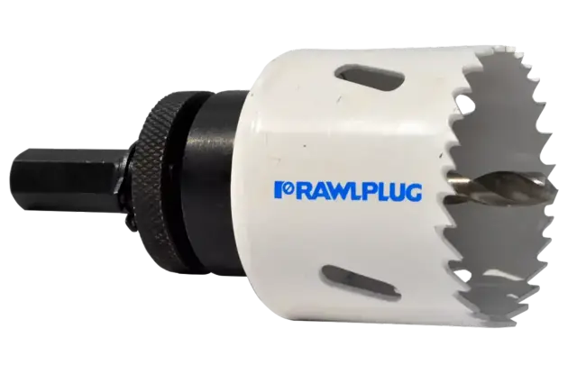 Otwornica do puszek elektrycznych marki Rawlplug z wiertłem centrującym. Idealna do precyzyjnych otworów.