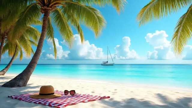 Idealne miejsce, gdzie na wakacje w lutym: piaszczysta plaża, palmy, turkusowa woda i żaglówka na horyzoncie.
