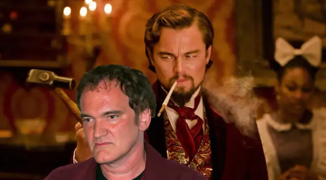 Quentin Tarantino z młotkiem, obok Leonardo DiCaprio z papierosem i kobietą w tle. Wygląda jak scena z filmu z Franco Nero.