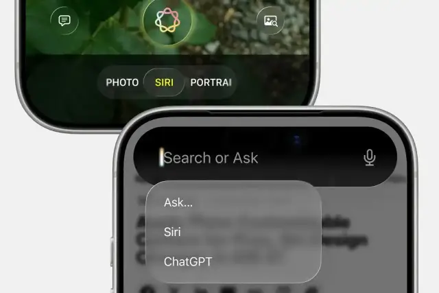 Dwa telefony iPhone z interfejsem Siri i opcją "Search or Ask", symbolizujące przyszłość z Apple Intelligence.