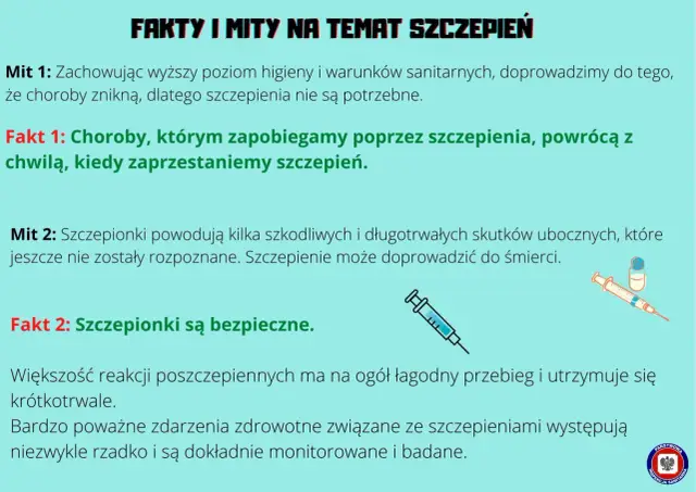 Grafika obala mity antyszczepionkowców, pokazując, że szczepienia są bezpieczne i zapobiegają chorobom.