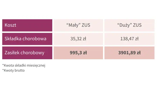 Tabela porównuje koszty składek ZUS i zasiłków chorobowych dla "Małego" i "Dużego" ZUS. Pokazuje, czy od zasiłku chorobowego płaci się składki ZUS.