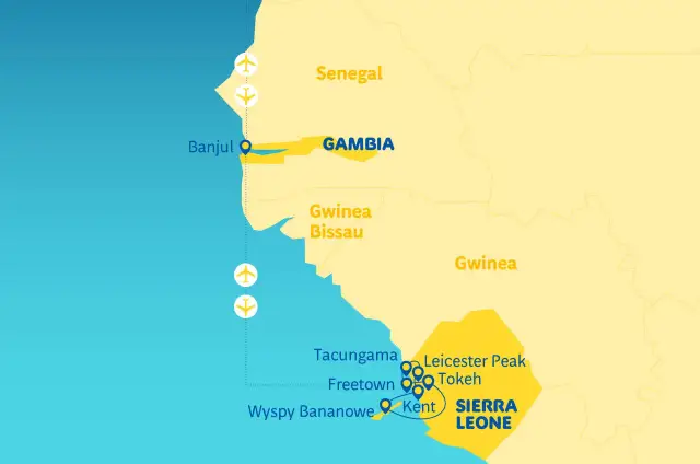 Mapa Afryki Zachodniej. Gdzie leży Sierra Leone? Między Gwineą a Gwineą Bissau, na wybrzeżu Atlantyku.