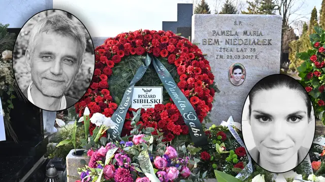 Cmentarz, nagrobek Pameli Bem-Niedziałek, wieńce, portrety zmarłych.