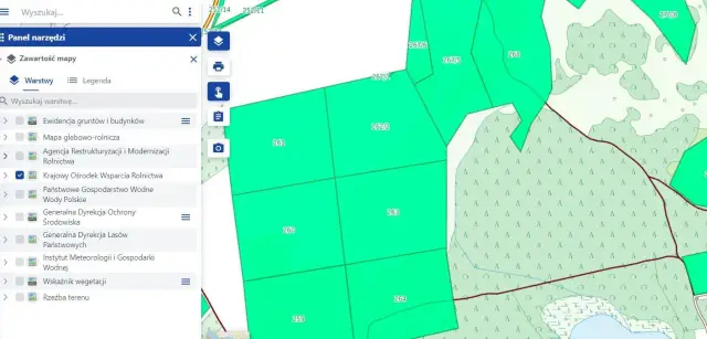 Mapa przedstawia podział na działki, identyfikując różne **klasy ziemi rolnej**. Widoczne są numery działek, np. 261, 263, 264, 259, oraz panele z warstwami mapy.