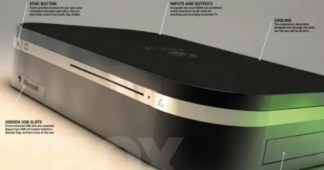Koncepcyjny wygląd konsoli Xbox 720 z ukrytymi portami USB i przyciskami dotykowymi.