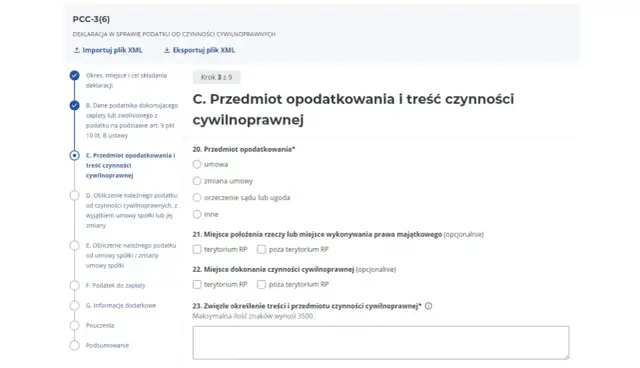 Formularz PCC-3 online, sekcja C: przedmiot opodatkowania i treść czynności cywilnoprawnych. Wypełnianie deklaracji podatku od czynności cywilnoprawnych, np. przy zakupie samochodu.