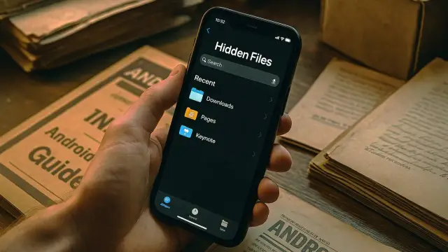 Dłoń trzyma smartfon z otwartą aplikacją "Hidden Files", pokazującą foldery "Downloads", "Pages", "Keynote".