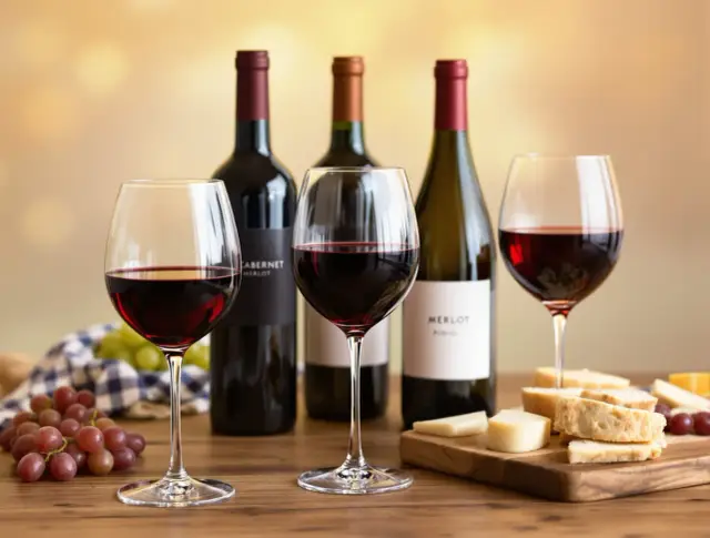 Degustacja win: porównanie smaku szczepów Cabernet Sauvignon i Merlot. Na stole kieliszki z czerwonym winem, butelki, ser i winogrona.