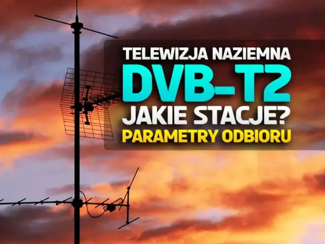 Anteny telewizji naziemnej DVB-T2 na tle zachodzącego słońca. Dowiedz się o częstotliwościach kanałów tv naziemnej khz.