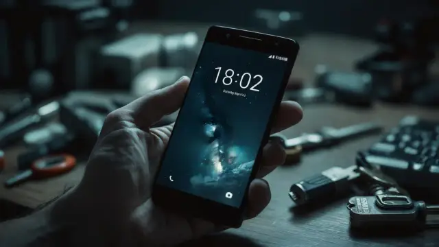 Dłoń trzyma smartfon z blokadą ekranu. Na stole leżą klucze i inne przedmioty. Szukasz informacji, jak zdjąć blokadę Family Link?