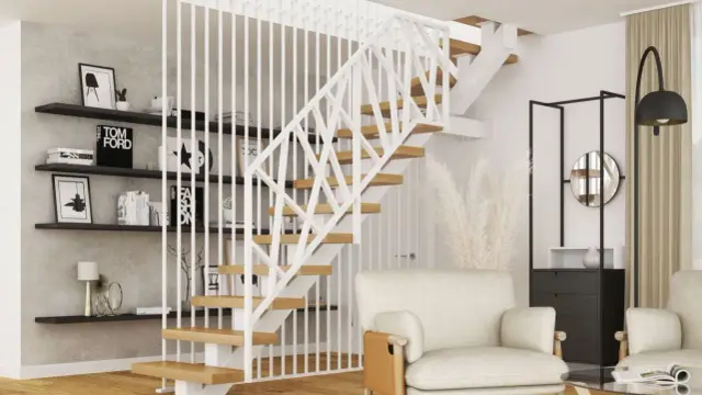 Nowoczesne balustrady na schody w białym kolorze, z drewnianymi stopniami, tworzą lekkość i elegancję w nowoczesnym wnętrzu.