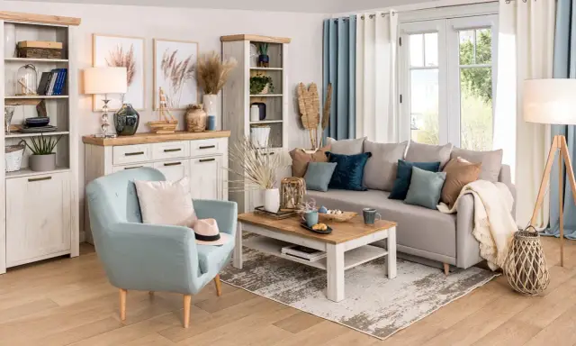 Jasny salon w stylu hampton z błękitnym fotelem, szarą kanapą i drewnianymi meblami.