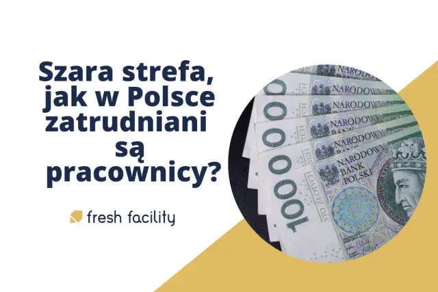 Szara strefa w Polsce. Stos banknotów 100 zł obok pytania o zatrudnianie pracowników.