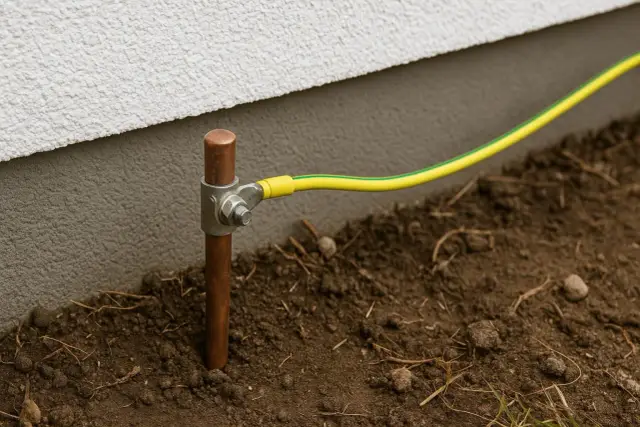Miedziany pręt wbity w ziemię, połączony żółto-zielonym przewodem z budynkiem. Pokazuje, jak zrobić uziemienie w starej instalacji.