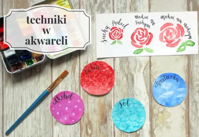 Zestaw do akwareli, pędzel i kółka z napisami: "suchy pędzel", "mokre na suchym", "mokre na mokrym", "alkohol", "folia", "sol", "chusteczka". Techniki mokre pastele.