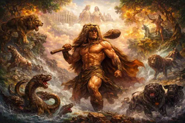 Herakles, z maczugą i lwią skórą na głowie, walczy z hydrą i lwami. W tle mityczne postacie i świątynia.