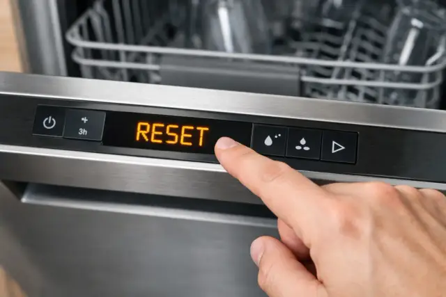 Palec naciska przycisk "RESET" na panelu zmywarki, pokazując, jak zresetować zmywarkę.