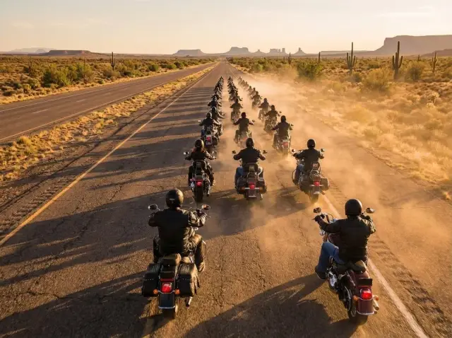 Konwój motocyklistów, przypominający Hells Angels Polska, przemierza pustynną drogę w Monument Valley.