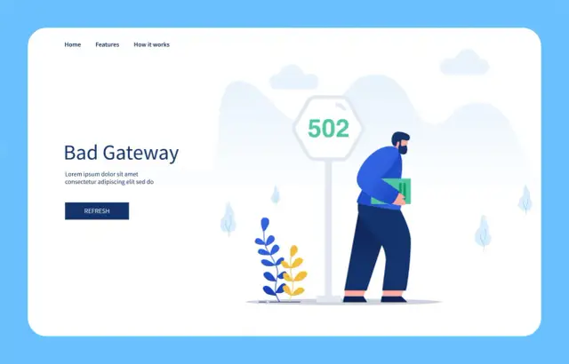 Mężczyzna z teczką mija znak z napisem 502, wskazującym na błąd "Bad Gateway".
