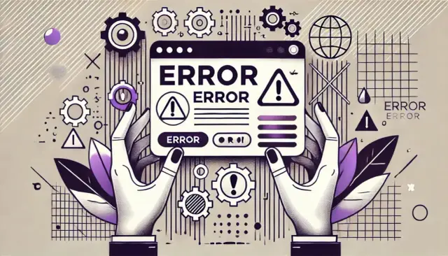 Dwie ręce trzymają ekran z napisem "ERROR". W tle mechanizmy i symbole ostrzegawcze, sugerujące błąd http 405.