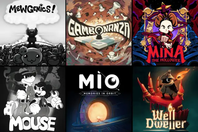 Kolaż okładek gier indie: Mewgenics, Gambonanza, Mina The Hollower, Mouse, Mio: Memories in Orbit, Well Dweller.