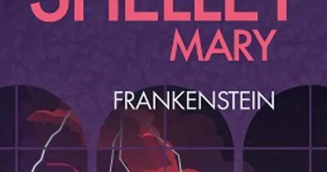 Okładka książki z napisem "Frankenstein" i imieniem Mary. W tle stylizowane okna i mroczne kształty.