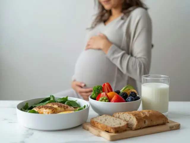 Kobieta w ciąży dba o zdrową dietę, na stole świeże owoce, warzywa, ryba i mleko.