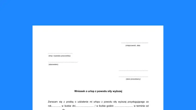 Wniosek o urlop z powodu siły wyższej, zgodnie z kodeksem pracy. Formularz do wypełnienia przez pracownika ubiegającego się o wolne.