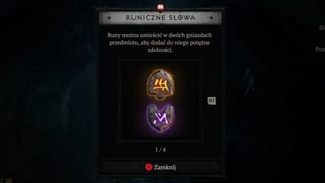 Interfejs gry Diablo 2 z informacją o tworzeniu słów runicznych. Dwie runy, jedna żółta, druga fioletowa, czekają na połączenie.