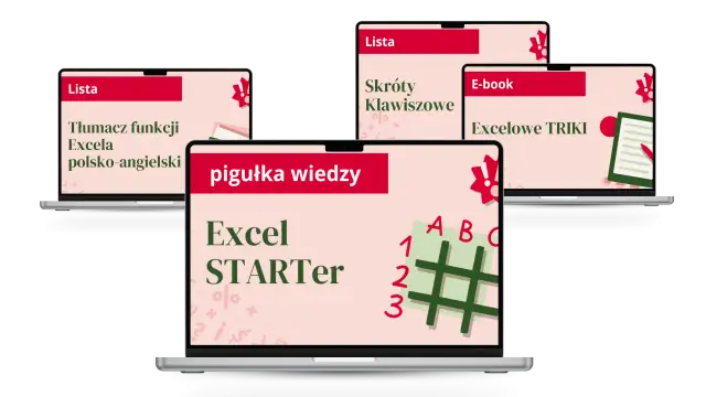 Laptopy prezentują materiały edukacyjne o Excelu: "Tłumacz funkcji", "Skróty klawiszowe", "Excelowe TRIKI" i "Excel STARTER".