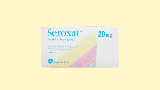 Opakowanie leku Seroxat 20 mg, zawierające 30 tabletek paroksetyny.