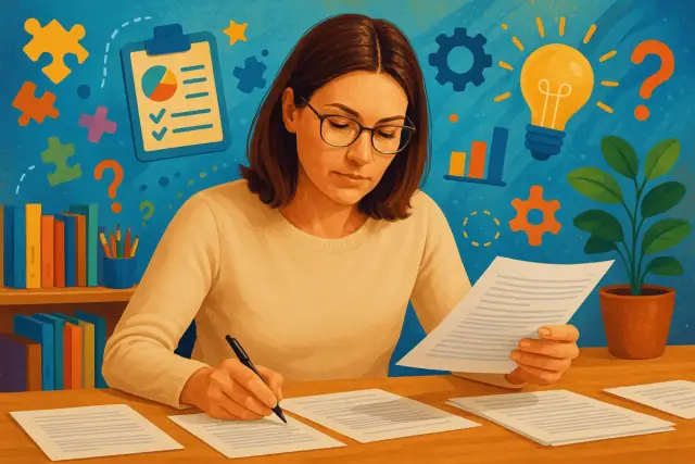 Kobieta w okularach pracuje nad dokumentami, symbolizując indywidualny tok nauczania. W tle puzzle, żarówka i wykresy.