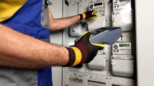 Technik w rękawicach obsługuje licznik energii elektrycznej, przygotowując dokumentację do Tauron reklamacje.