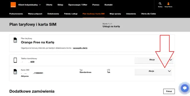 Widok panelu Orange z informacją o planie taryfowym i karcie SIM. Widoczna aktywna karta SIM z numerem 11668461.
