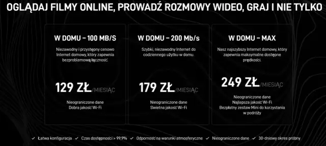Oferty internetu domowego: 100 Mb/s za 129 zł, 200 Mb/s za 179 zł, MAX za 249 zł. Starlink internet zapewnia bezproblemową łączność.