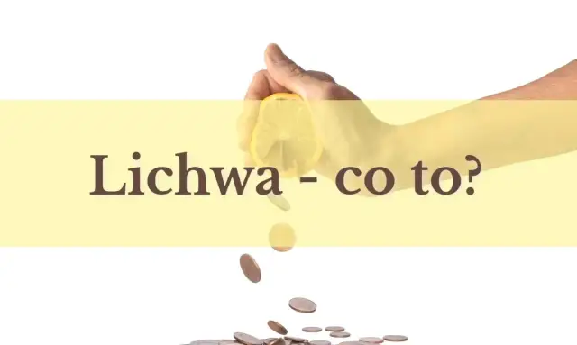 Dłoń wyciska cytrynę, z której spadają monety. Napis: "Lichwa - co to?".