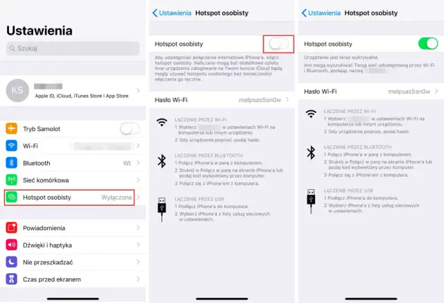 Ustawienia iPhone'a: włączanie udostępniania internetu (hotspot osobisty) pozwala innym urządzeniom połączyć się z siecią.