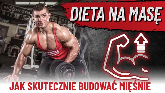 Kulturysta z hantlami, tekst "Dieta na masę" i symbol bicepsa z rosnącą strzałką. Skuteczna dieta na masę mięśniową to klucz do sukcesu.