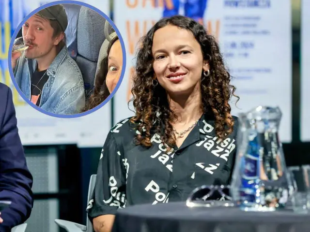 Monika Brodka z uśmiechem, a w okręgu zdjęcie z mężczyzną pijącym wino i kobietą, być może jej dzieci.
