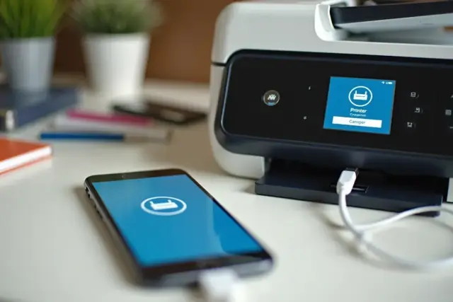 Smartfon podłączony kablem do drukarki, ekran telefonu i drukarki pokazuje ikonę drukarki. Dowiedz się, jak połączyć drukarkę z telefonem.