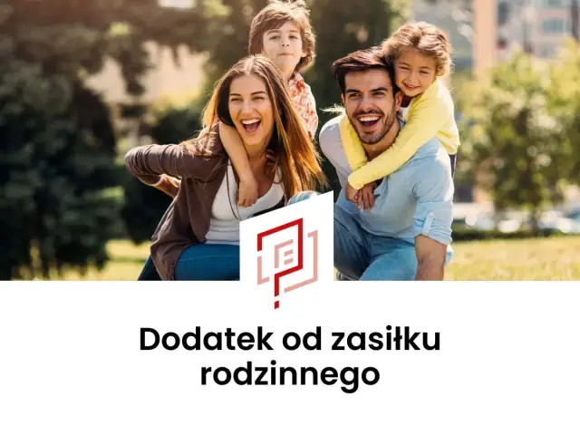 Szczęśliwa rodzina cieszy się latem, a tekst informuje o dodatku od zasiłku rodzinnego.
