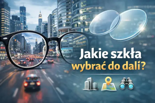 Okulary do dali poprawiają ostrość widzenia odległych obiektów, jak widać na tle miasta.