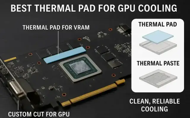Karta graficzna z nałożonymi termopadami na VRAM i GPU. Pokazano porównanie termopadów i pasty termoprzewodzącej.