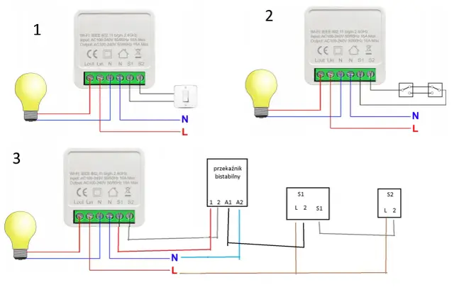 Schemat instalacji elektrycznej oświetlenia z modułem Wi-Fi. Trzy warianty podłączenia: z włącznikiem, z dwoma włącznikami, z przekaźnikiem bistabilnym.