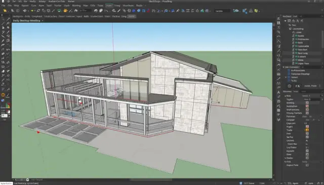 Projekt domu w SketchUp, alternatywa dla AutoCAD za darmo. Widok przekroju nowoczesnej bryły z przeszklonymi ścianami i tarasem.